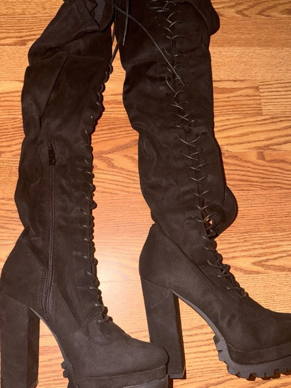 Women’s Black Lace-Up Platform Knee-High Boots